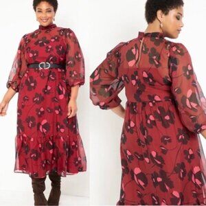 Eloquii Floral Mock Neck Burgundy Maroon Mod Sheer Tiered Midi Dress NWT | 16
